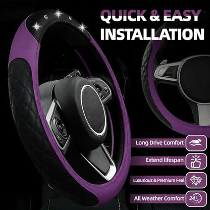 NBTEPEM 6 PCS Bling Purple Car Accessories Set, Leather Purple Steering Wheel - Image 2