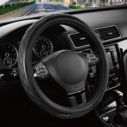 Road Comforts Leather Steering Wheel Cover – Black & Black, Universal Fit by RoadComforts