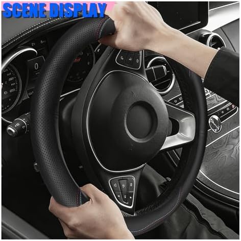 Craedli Black Dual-Line Nappa Leather Car Steering Wheel Cover 14.5-15 Inch - Image 2