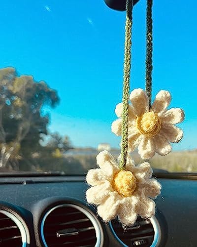 Crochet Daisy Car Accessories for Women Cute Rear View Mirror Hanging Charm - Image 6