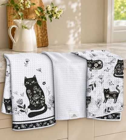 3pcs Double-Sided Waffle Kitchen Towels, Line Art Cat by MuseHaus