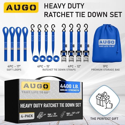 AUGO Heavy Duty Ratchet Straps & Soft Loops – Pack of 4 Extra Strong 1.5” by - Image 4