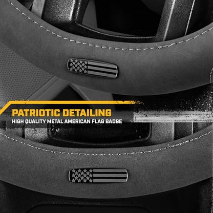 Cat® US Flag Leather Steering Wheel Cover w Metal Flag Emblem, Standard - Image 6