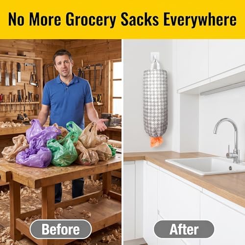 Plastic Bag Holder, Wall Mount Grocery Bag Dispenser, Yarn-dyed Houndstooth - Image 7