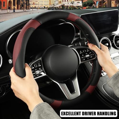 Black Burgundy Microfiber Leather D Shaped Steering Wheel Cover - Image 5