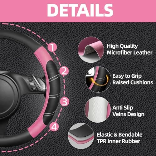 NBTEPEM 6 Pcs Pink Steering Wheel Cover Set, Sport Microfiber Leather Steering - Image 3