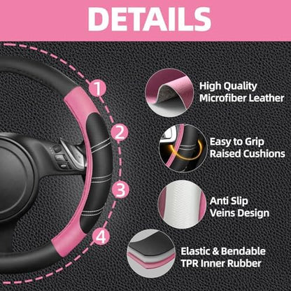 NBTEPEM 6 Pcs Pink Steering Wheel Cover Set, Sport Microfiber Leather Steering - Image 3