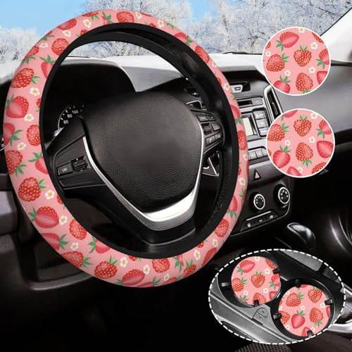 Cute Pink Strawberry Steering Wheel Cover Anti-Slip and Practical 14.5-15 Inch by Olemier