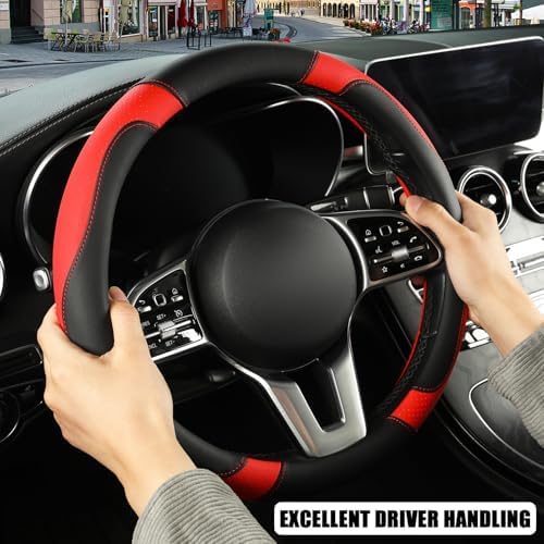 Black Red Breathable Microfiber Leather Steering Wheel Cover - Image 5