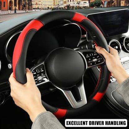 Black Red Microfiber Leather Steering Wheel Cover 15 inch - Image 5