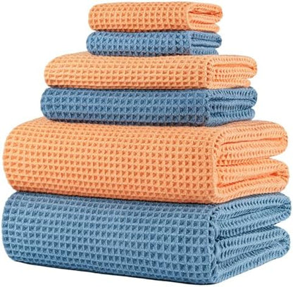POLYTE 430 GSM Poly Blend Microfiber Quick Dry Waffle Bath Towel Set of 6 by Polyte