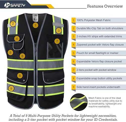 JKSafety Safety Vest for Men Women Reflective Hi Vis JK100 Black XL - Image 3