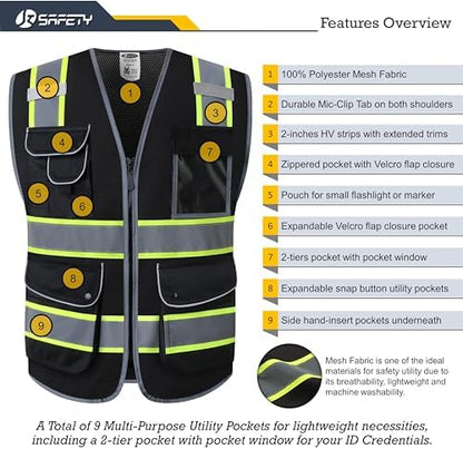 JKSafety Safety Vest for Men Women Reflective Hi Vis JK100 Black XL - Image 3