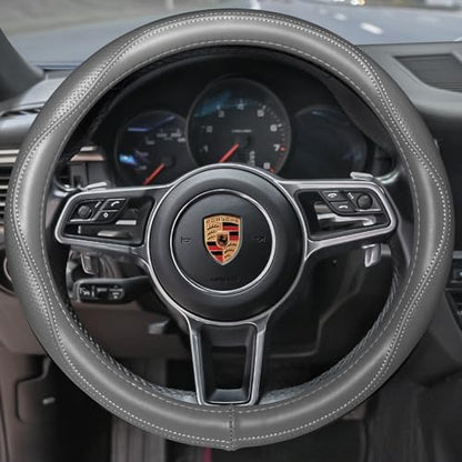 HAOKAY Top Grade Gray Genuine Leather Steering Wheel Cover Men Women, Luxury - Image 2