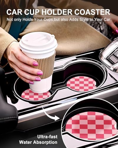 Swooflia Checkerboard Ceramic Car Coasters Set of 2, Light and Dark Pink - Image 5