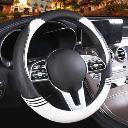 Small 14 inch Cute Leather Steering Wheel Cover Black and White by Binsheo