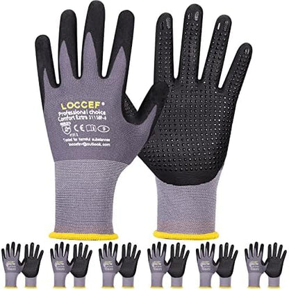 LOCCEF Work Gloves MicroFoam Nitrile Coated-6 Pairs, Endurance Seamless Knit by LOCCEF
