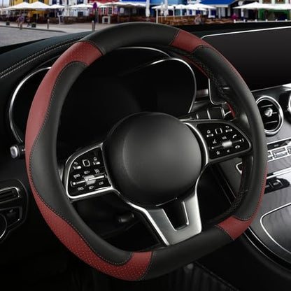 Black Burgundy Microfiber Leather D Shaped Steering Wheel Cover - Image 2