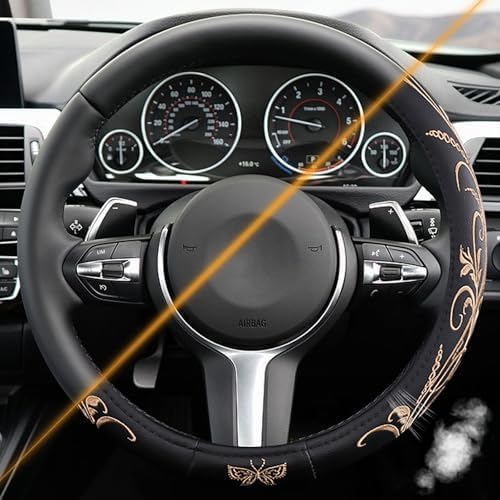 Beige Embroidery Butterfly Car Steering Wheel Cover, 14.5-15 Inch Universal - Image 6
