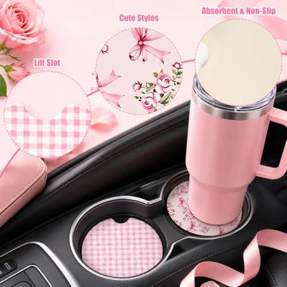 2PCS Wooden Pink Car Coasters for Women, Bow & Checkered Car Cup Coasters - Image 3