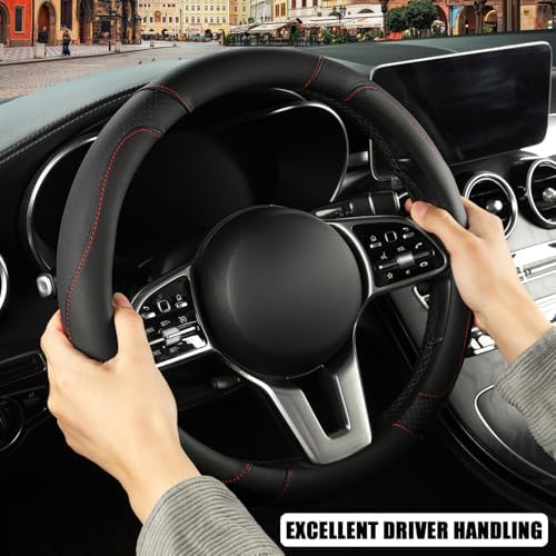 Black Microfiber Leather D Shaped Steering Wheel Cover - Image 5