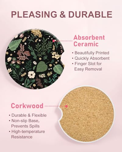 Swooflia Floral Absorbent Ceramic Car Coasters Set of 2, Cute Botanical - Image 3