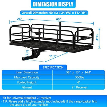 KAIRAY 500 Lbs Heavy Duty Hitch Mount Cargo Carrier 60"x24"x14.4" Folding Rear - Image 2