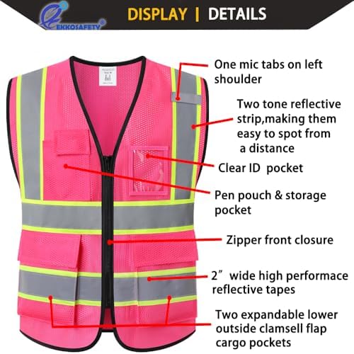 Hi Vis Reflective Safety Vest for Men Women, Hot Pink - Image 3