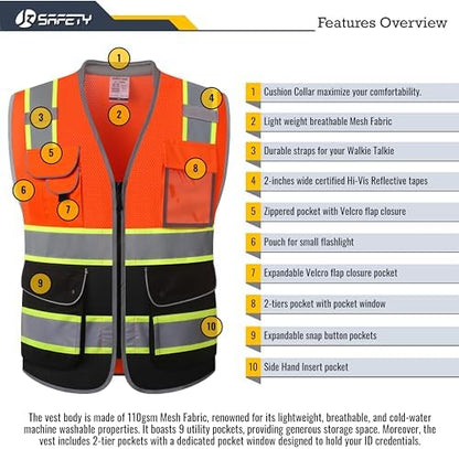 JKSafety Hi Vis Safety Vest for Men Women Cushioned Collar JK101 OBlack 3XL - Image 4