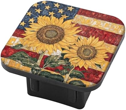 Hitch Cover Fits for 2-Inch Hitch, Two Sunflowers in Front of American Flag by PATBIXES