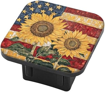 Hitch Cover Fits for 2-Inch Hitch, Two Sunflowers in Front of American Flag by PATBIXES