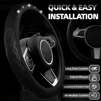 NBTEPEM 6 PCS Bling Car Accessories Set, Leather Steering Wheel Covers - Image 2