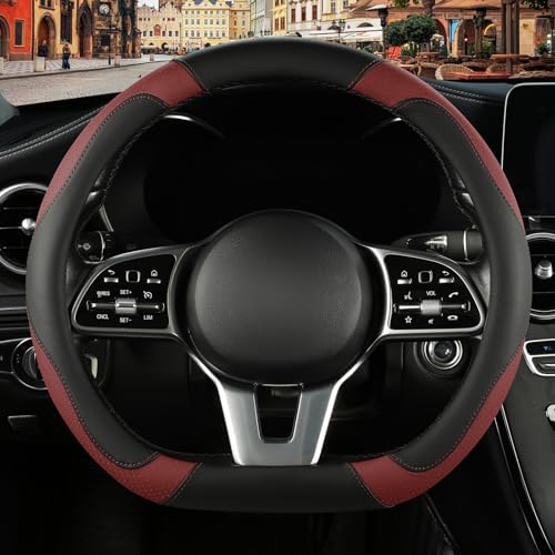 Black Burgundy Microfiber Leather D Shaped Steering Wheel Cover by Binsheo