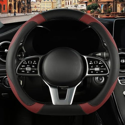 Black Burgundy Microfiber Leather D Shaped Steering Wheel Cover by Binsheo
