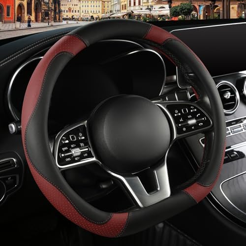 Black Burgundy Microfiber Leather D Shaped Steering Wheel Cover - Image 2