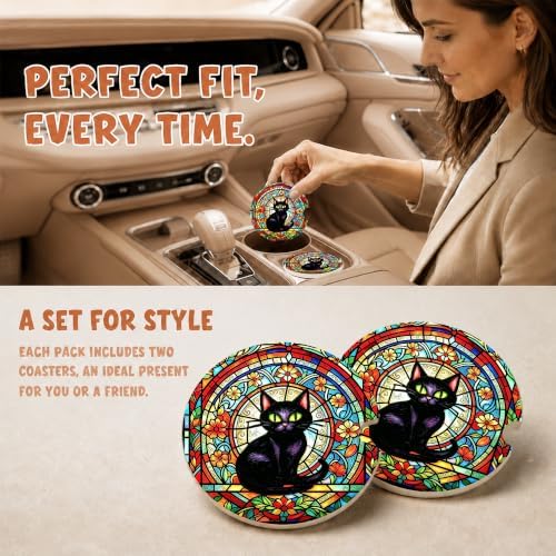 Black Cat Stained Glass Car Coasters, Retro Floral Gothic Cup Holders - Image 2