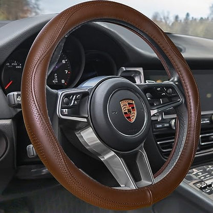 HAOKAY Top Grade Brown Genuine Leather Steering Wheel Cover Men Women, Luxury by HAOKAYAUTOPRODUCTS