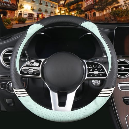 Small 14 inch Cute Leather Steering Wheel Cover Black and Green - Image 2