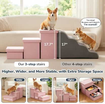 3-Step Wide Dog Stairs with Hidden Storage 18" H, Non-Slip Dog Steps - Image 3