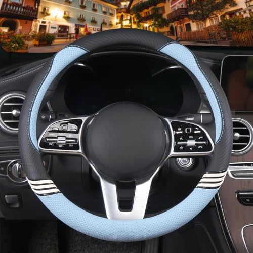 Small 14 inch Cute Leather Steering Wheel Cover Black and Blue - Image 2