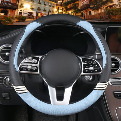 Small 14 inch Cute Leather Steering Wheel Cover Black and Blue - Image 2