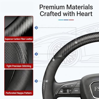 Microfiber Leather Steering Wheel Cover, D-Shape Carbon Fiber Black Wire Trim - Image 3