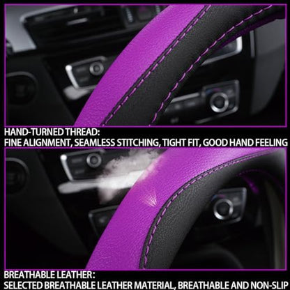 BESULEN 15 Inch Steering Wheel Cover Soft Leather Protector Black/Purple - Image 5