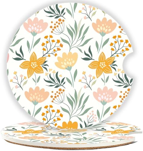Ceramic Car Cup Holder Coasters Set of 2, 2.56 in Yellow Flower by Mengduxd
