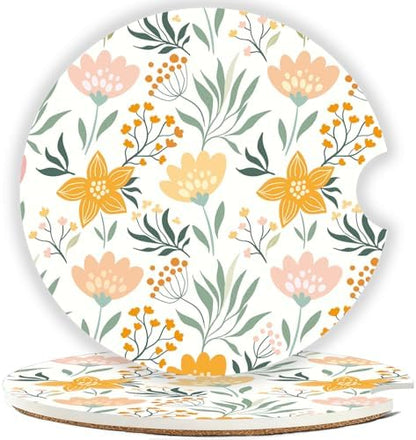 Ceramic Car Cup Holder Coasters Set of 2, 2.56 in Yellow Flower by Mengduxd