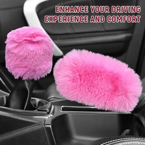 2PCS Fluffy Car Gear Shift Knob Cover & Handbrake Cover, Furry Auto Hand Brake - Image 4