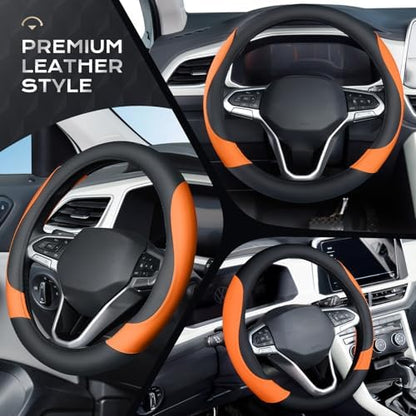 Coverado Car Steering Wheel Cover, Nappa Leather Black & Orange Steering Wheel - Image 4