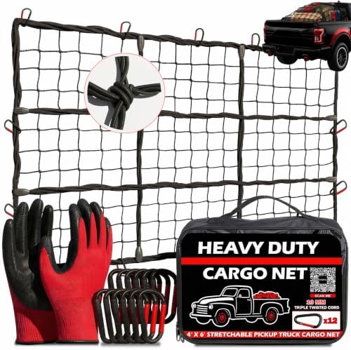 Truck Bed Cargo Net 4' x 6' Stretches to 8' x 12' Heavy Duty by ZULWEST