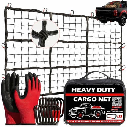 Truck Bed Cargo Net 4' x 6' Stretches to 8' x 12' Heavy Duty by ZULWEST