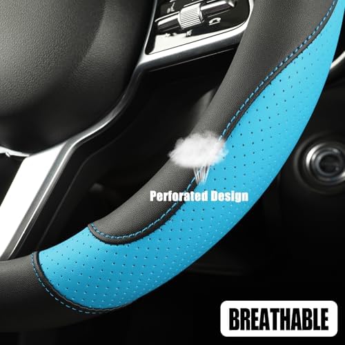 Black Blue Microfiber Leather D Shaped Steering Wheel Cover - Image 3